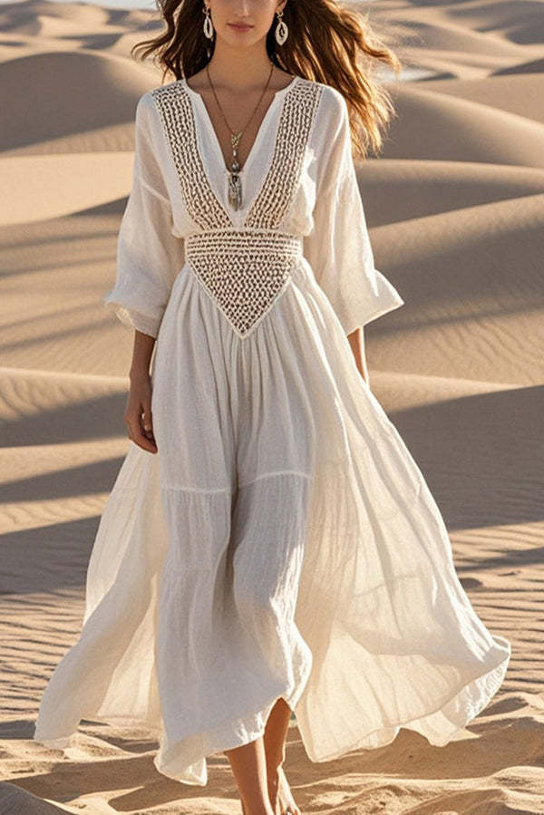 Fashion Hollow V-neck Full Hem Holiday Style Midi Dress-consonak