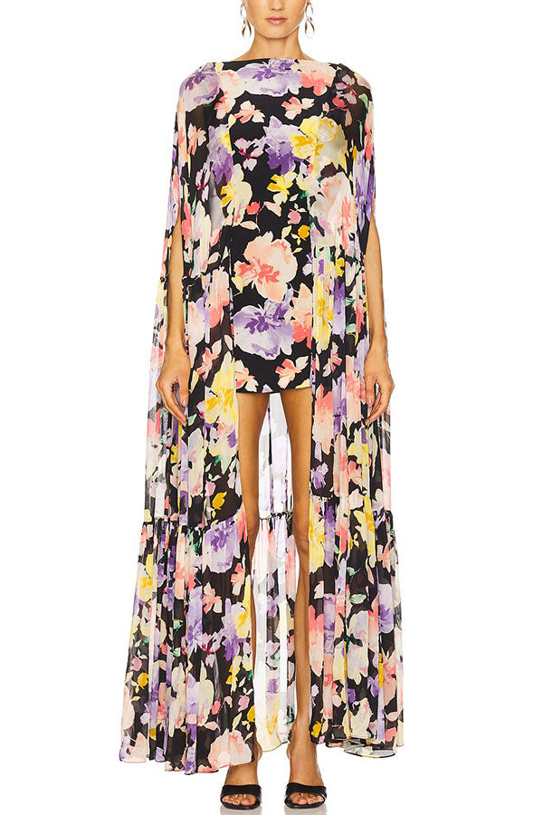 Garden Party Contrast Floral Print High Low Cape Maxi Dress-consonak