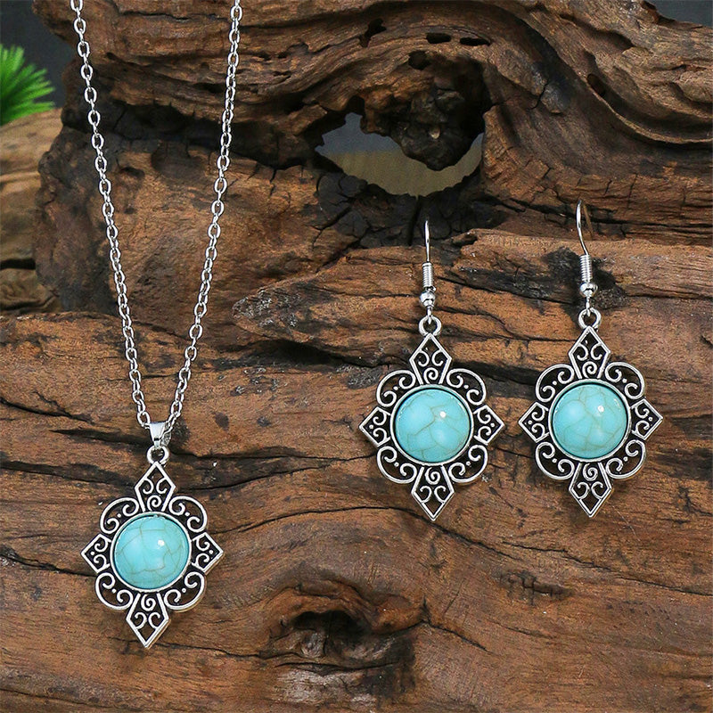 Vintage Court Ethnic Geometric Carved Turquoise Diamond Earrings Necklace Set | Consonak