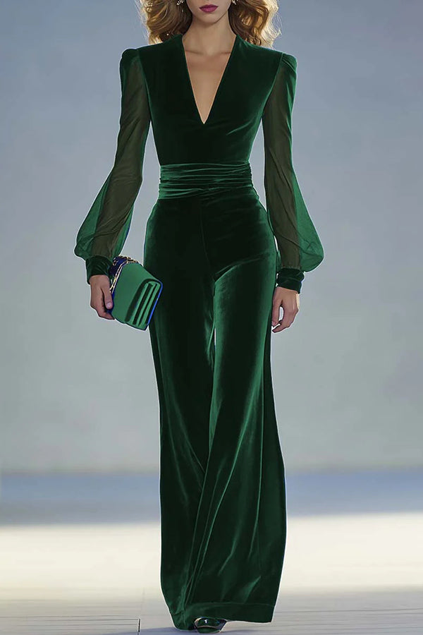 Solid Color Velvet V-neck Long-sleeved Elegant Fitted Jumpsuit | Consonak