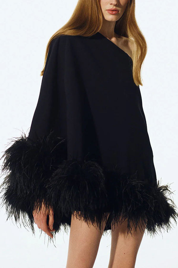 Vegas Living One Shoulder Feather Hem Party Mini Dress-consonak