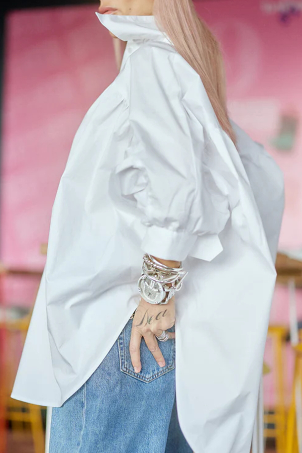 Easy and Modern Button Up Sculptural Sleeve Slit Oversized Midi Blouse