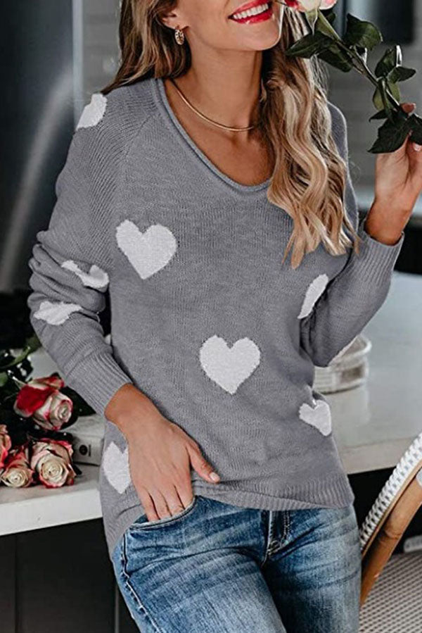 Stylish Color-blocked Heart-patterned Long-sleeved Loose Knit Sweater-consonak