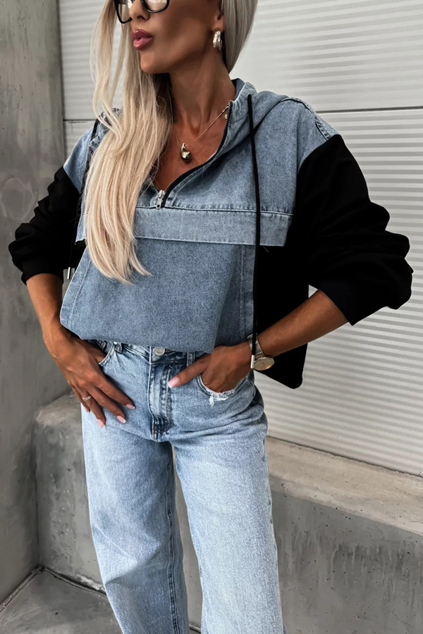 All The Time Denim Patchwork Soft Fabric Kangaroo Pocket Loose Hoodie-consonak