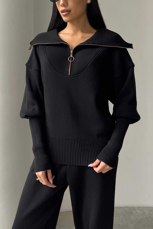 Solid Color Long-sleeved Zip-up Sweatshirt and Elastic Waist Loose Pocket Pants Set-consonak