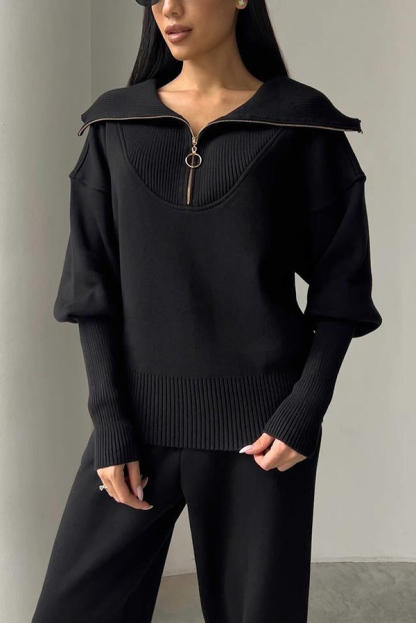 Solid Color Long-sleeved Zip-up Sweatshirt and Elastic Waist Loose Pocket Pants Set-consonak