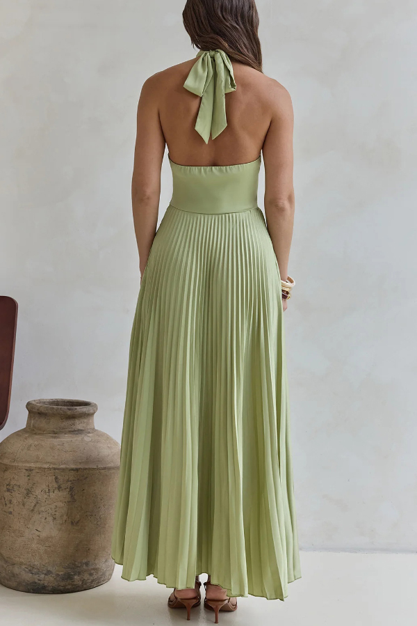 Solid Color Halter Neck Hollowed-out Casual Pleated Holiday Maxi Dress-consonak