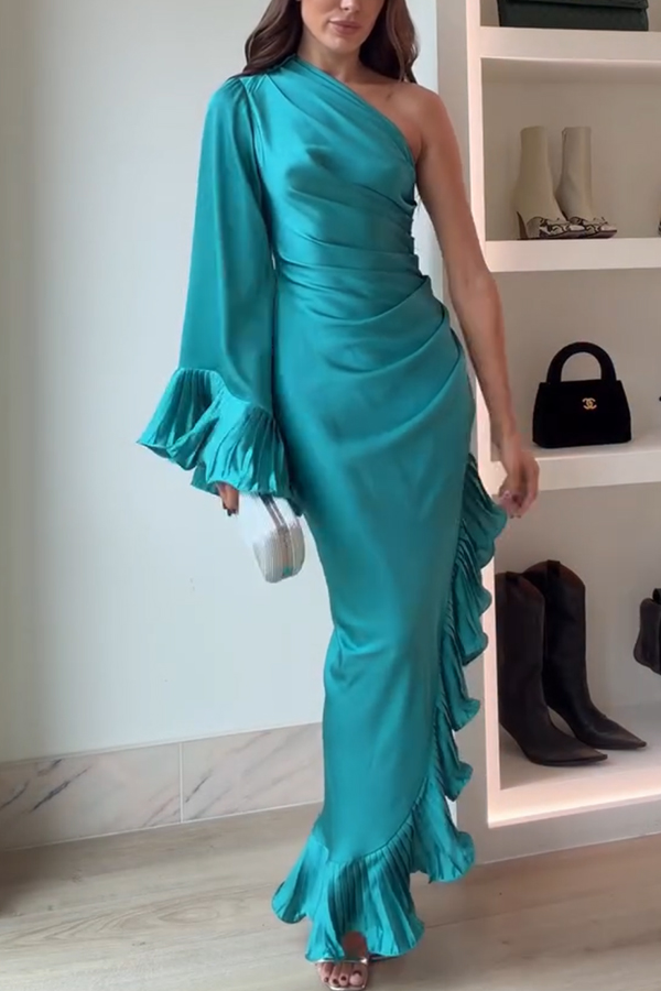 Elegant Satin One Shoulder Sleeve Pleated Ruffles Trim Ruched Asymmetrical Maxi Dress-consonak