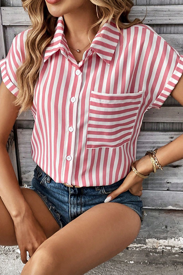 Striped Print Short Sleeve Pocket Shirt Top-consonak
