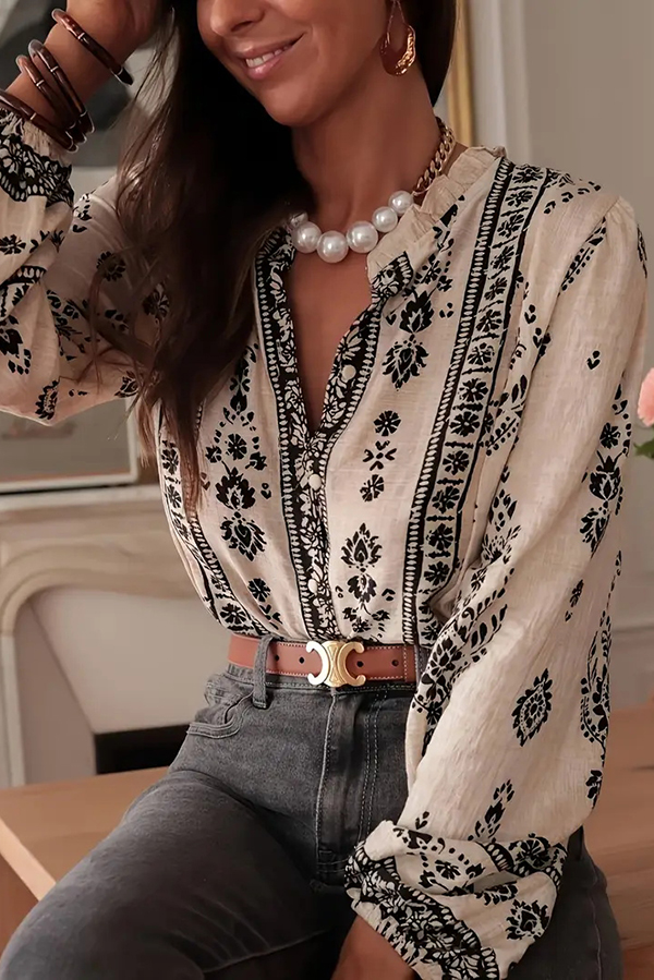 Unique Print Long-Sleeved Button-Up Elegant Shirt-consonak