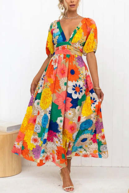 Floral Frenzy Printed Puff Sleeve Back Smocked Maxi Dress-consonak