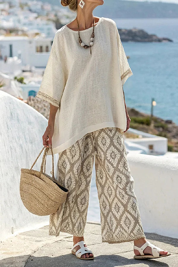 Linen Blend Unique Print Half Sleeve Top and Elastic Waist Pocket Loose Pants Set-consonak