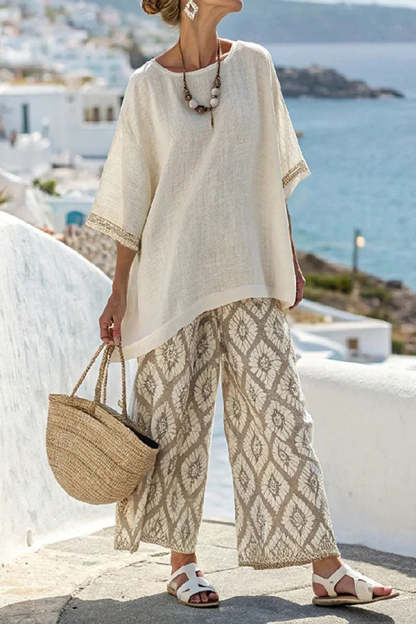 Linen Blend Unique Print Half Sleeve Top and Elastic Waist Pocket Loose Pants Set-consonak