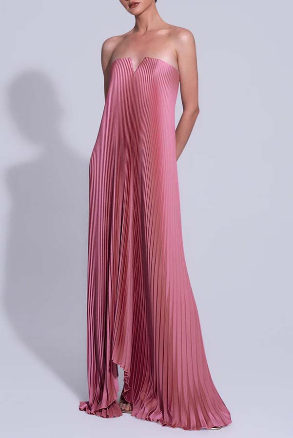Darling Moment Satin Fabric Off Shoulder V-neck Asymmetric Hem A-line Maxi Dress-consonak