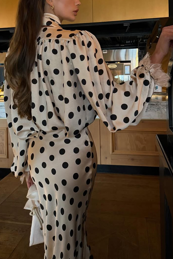 Chrissa Satin Polka Dot Print Lace Trim Tie-up Neck Balloon Sleeve Loose Blouse