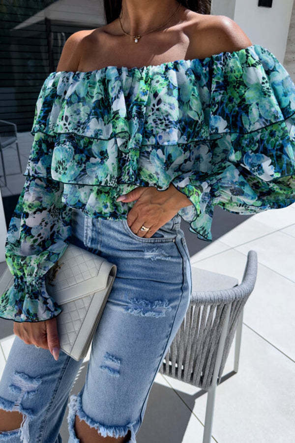 Colorful Botanical Print Sexy Off-shoulder Ruffle Top-consonak