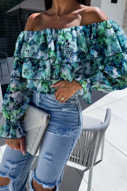 Colorful Botanical Print Sexy Off-shoulder Ruffle Top-consonak