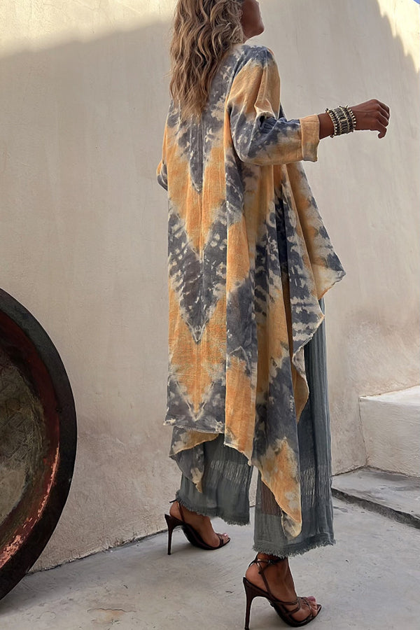 Isley Tie Dye Print Open Front Long Sleeve Ruffle Duster Kimono-consonak