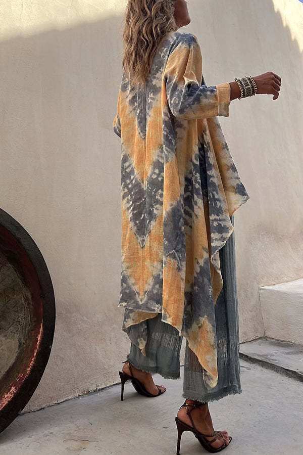 Isley Tie Dye Print Open Front Long Sleeve Ruffle Duster Kimono-consonak