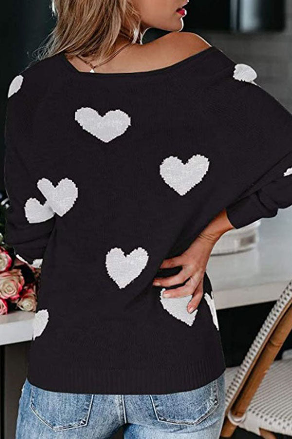 Stylish Color-blocked Heart-patterned Long-sleeved Loose Knit Sweater-consonak