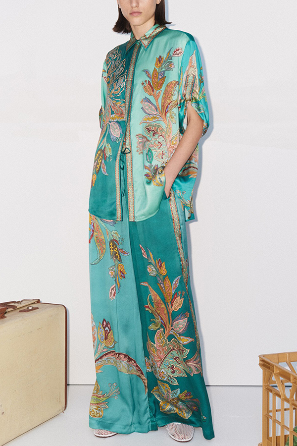 Somewhere Sunny Satin Botanical Print Elastic Waist Pocket Wide Leg Pants-consonak