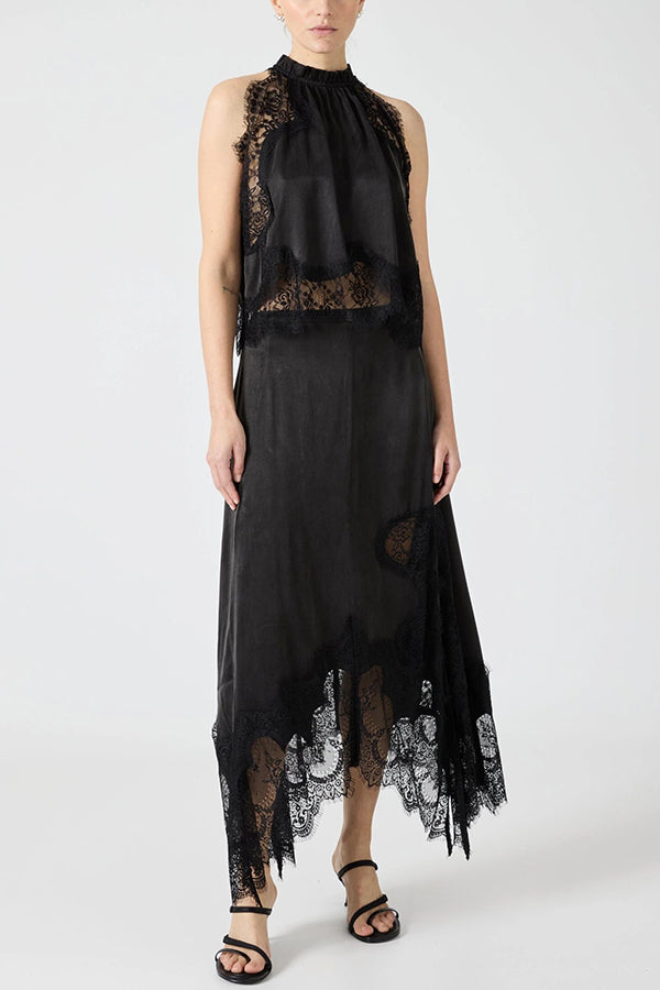 Modern Muse Satin Lace Trim Pleated Neck Top and A-line Irregular Slit Skirt Set | Consonak