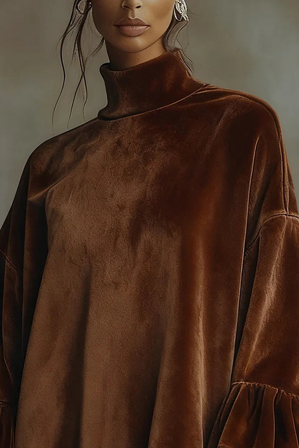 Fashionable Velvet Leopard Print Loose-fitting Turtleneck Long-sleeved Mini Dress-consonak