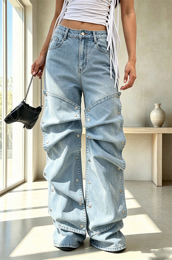 Chic Style Denim Decorative Button-stud Detail High Rise Pocket Loose Jeans-Consonak