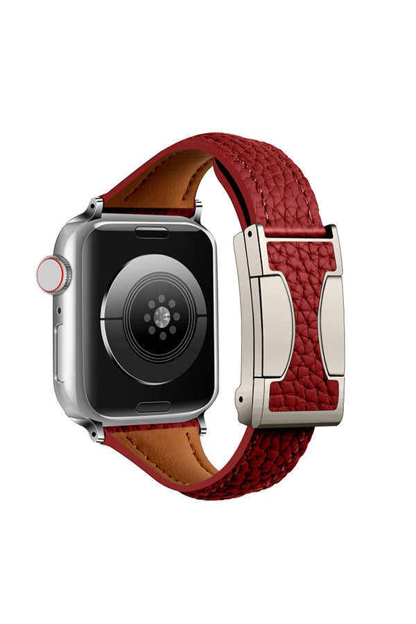 Fashionable Genuine Leather Lychee Pattern Double C Magnetic Buckle Watch Strap-consonak