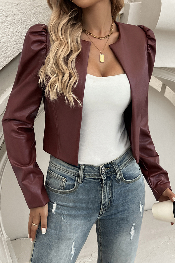 Yelissa Faux Leather Statement Long Sleeve Open Front Crop Jacket-consonak