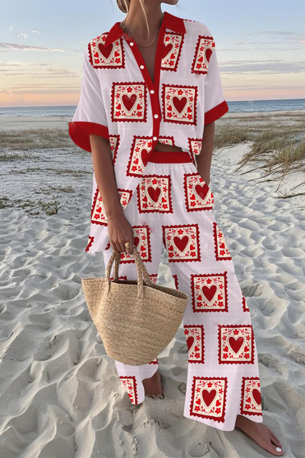 Red Heart-print Oversized Shirt and Elastic Waist Pocket Pants Set-consonak