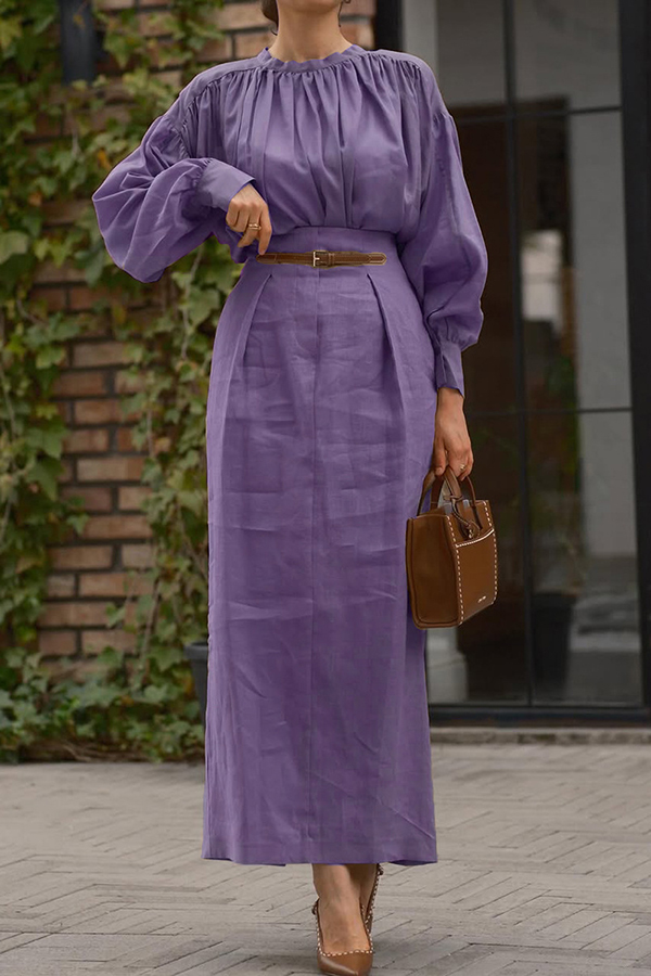 Solid Color Round Neck Long-sleeved Pleated Shirt and Elegant Maxi Skirt Set-consonak