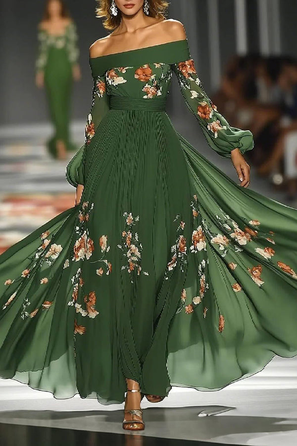 Floral Print Elegant Off-shoulder Fitted Waist Maxi Dress-consonak