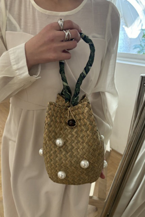 Fashionable Straw Pearl Embellished Bucket Bag-consonak