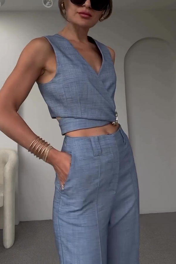 Crossover Slim Fit Sleeveless Vest and High Waisted Wide Leg Pants Set-consonak