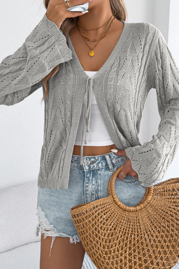 Solid Color Loose V-neck Long-sleeved Vacation Knit Cardigan-consonak