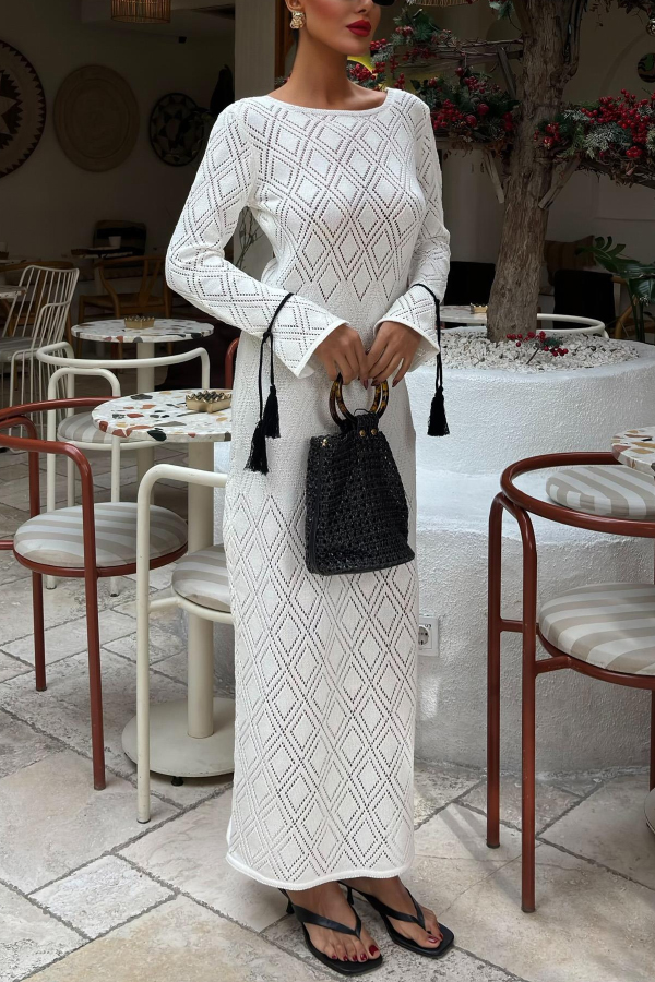 Solid Color Long-sleeved Tie Slim-fit Knit Openwork Cover-up Maxi Dress-consonak
