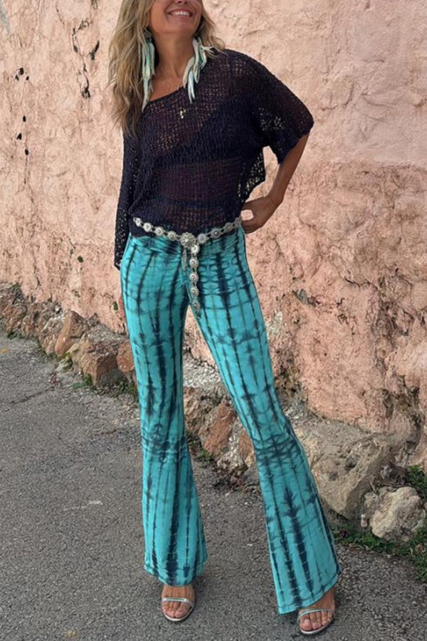 Fashionable tie dye printed pleated lace up waist elastic street bell bottom pants-consonak