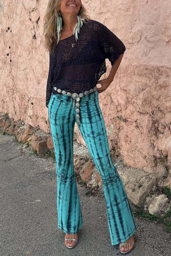 Fashionable tie dye printed pleated lace up waist elastic street bell bottom pants-consonak