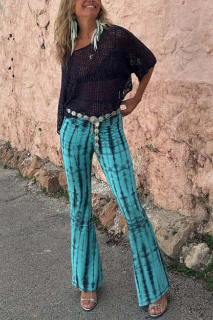 Fashionable tie dye printed pleated lace up waist elastic street bell bottom pants-consonak
