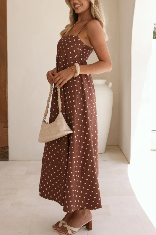Polka Dot Print Square Neck Suspender Casual Pocket Maxi Dress