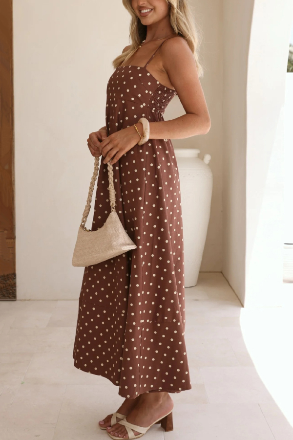 Polka Dot Print Square Neck Suspender Casual Pocket Maxi Dress