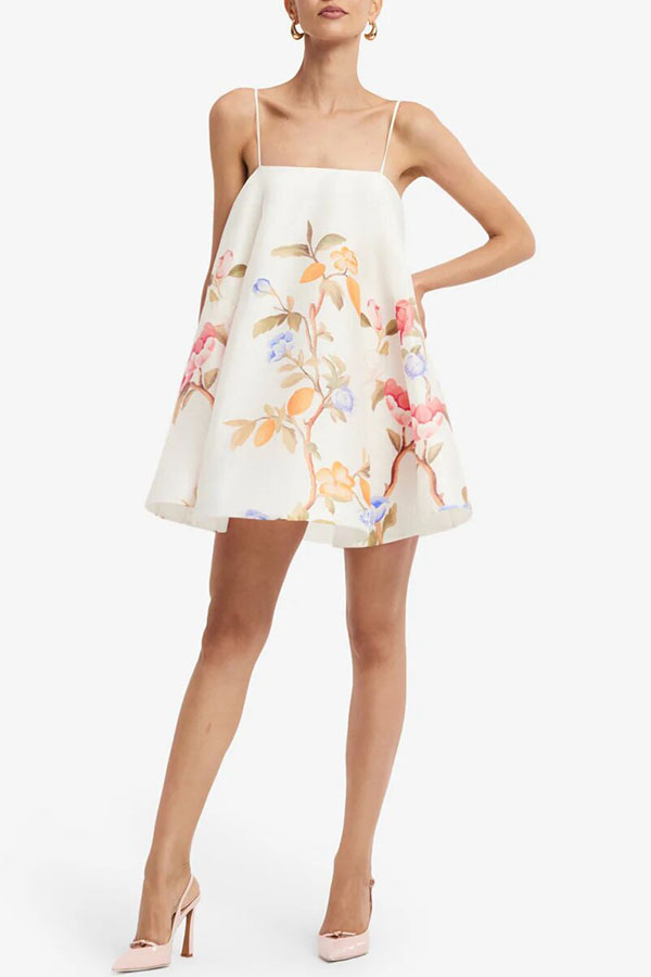 Blossoms Climb Lemon Vine Print Adjustable Straps A-line Mini Dress-consonak