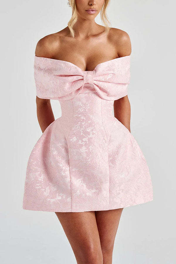 Raquel Floral Jacquard Oversized Off The Shoulder Bow Detail Mini Dress-consonak