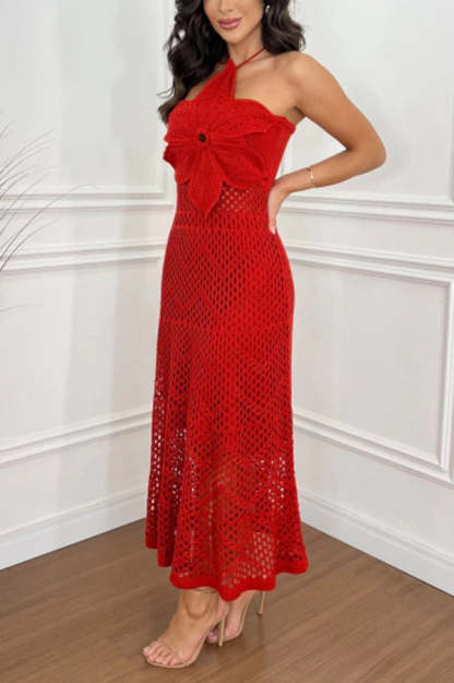 Libby Crochet Knit Oversized Flower Design Halter Texture Maxi Dress-consonak