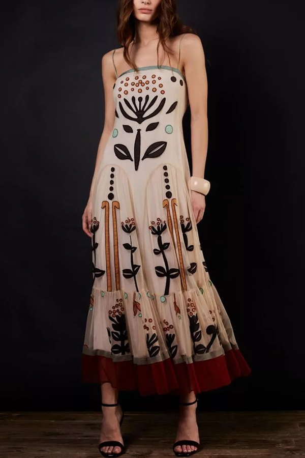 Botanical Print Chiffon Sling Backless Resort Maxi Dress-consonak