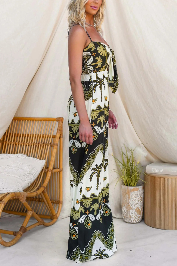 Unique Print Casual Spaghetti Strap High Waist Resort Loose Wide Leg Jumpsuit | Consonak