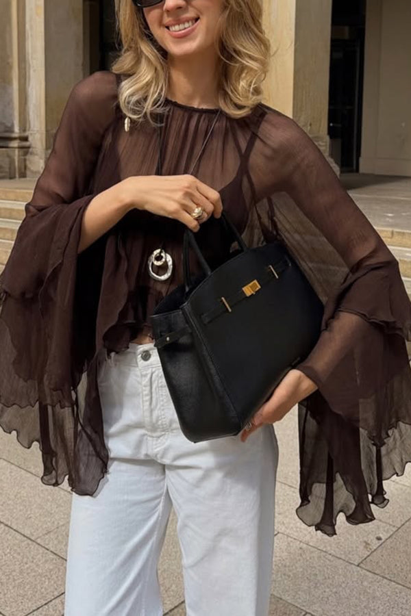 Solid Color Chiffon Elegant Bell Sleeve Loose Cover-up Top-consonak