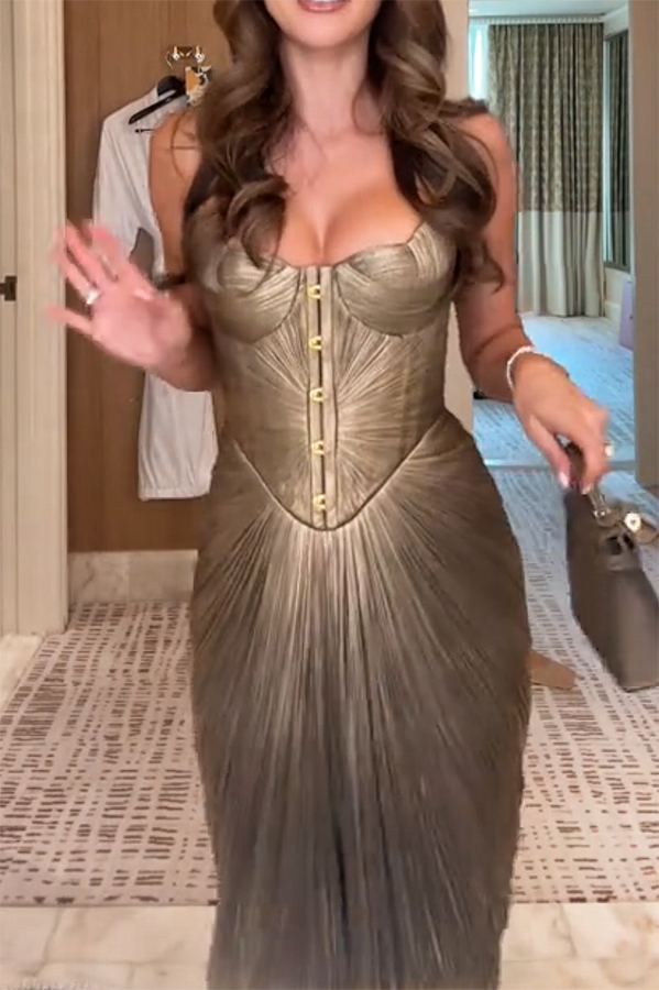 Vegas Queen Metallic Pleated Sculpted Bodice Back Lace-up Drape Maxi Dress | Consonak