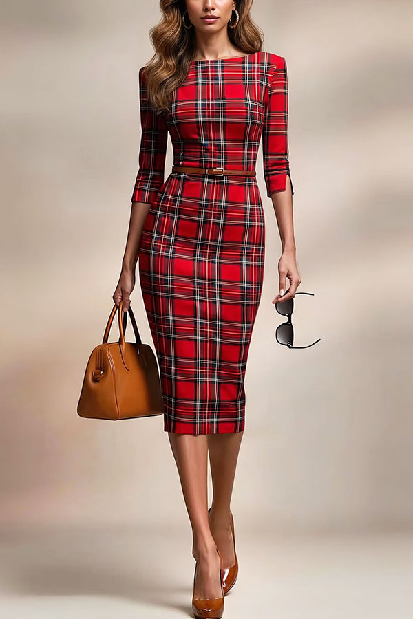Plaid Print Half Sleeves Fitted Elegant Midi Dress-consonak